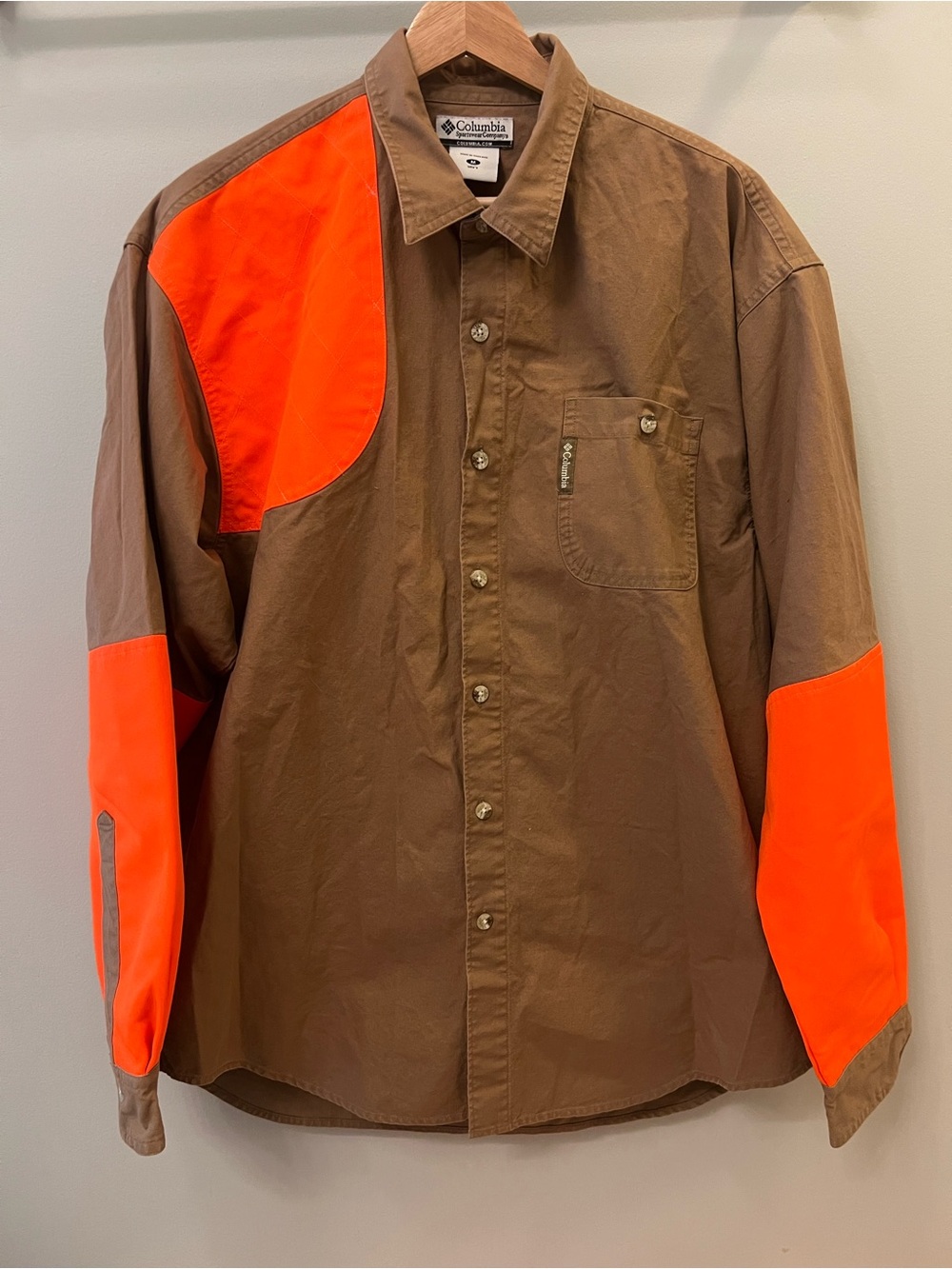 Columbia Brown Shirt with Blaze Orange Panels